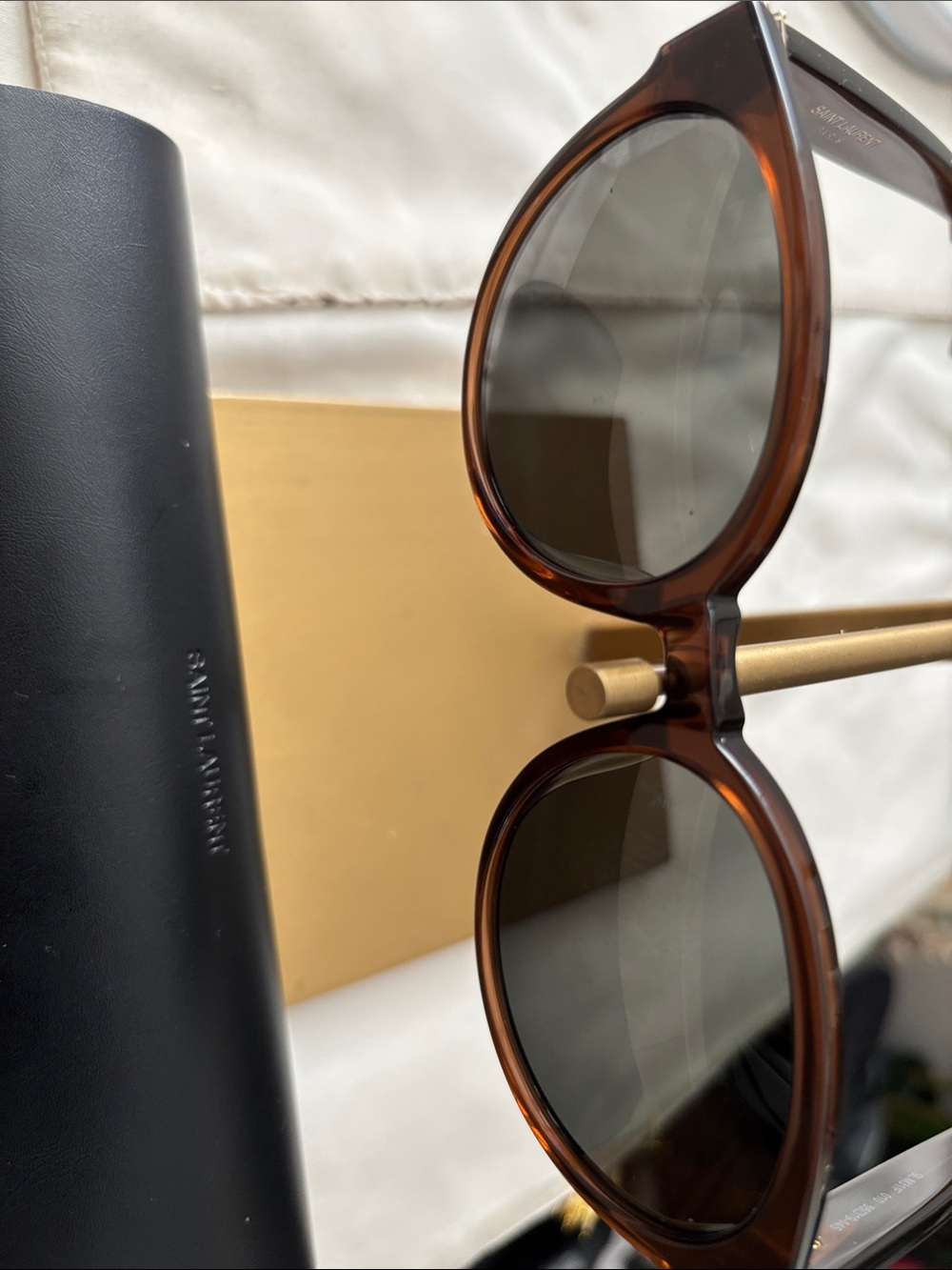 Saint Laurent Brown Tortoiseshell Round Sunglasses with Dark Lenses